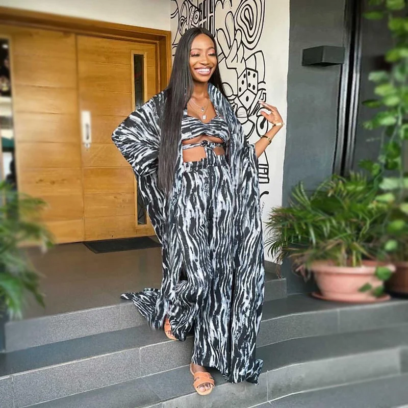 

2022 New Fashion Ethnic Casual 4 Piece Set Women Africa Clothes Print Suit Long Tops Bra Turbans And Wide Pants Party Robe Lady