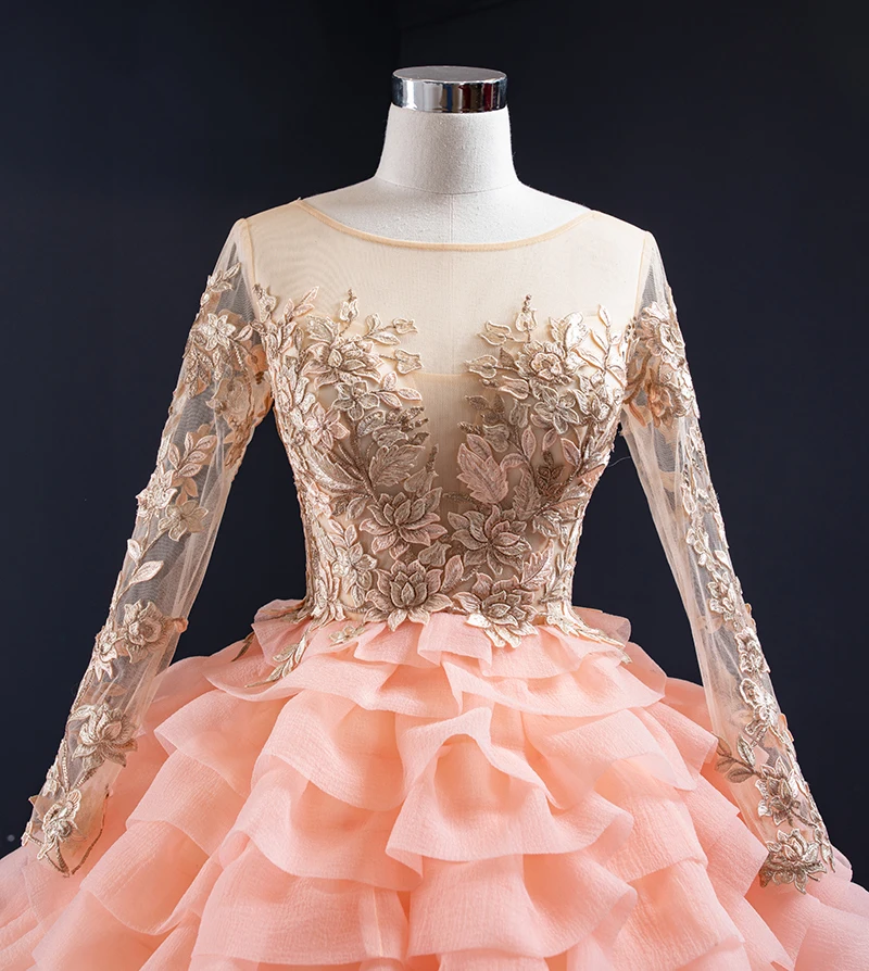 J67019 jancember pink lace party long evening dresses o-neck floor length sweep train lace tiered ball dress вечерные платье