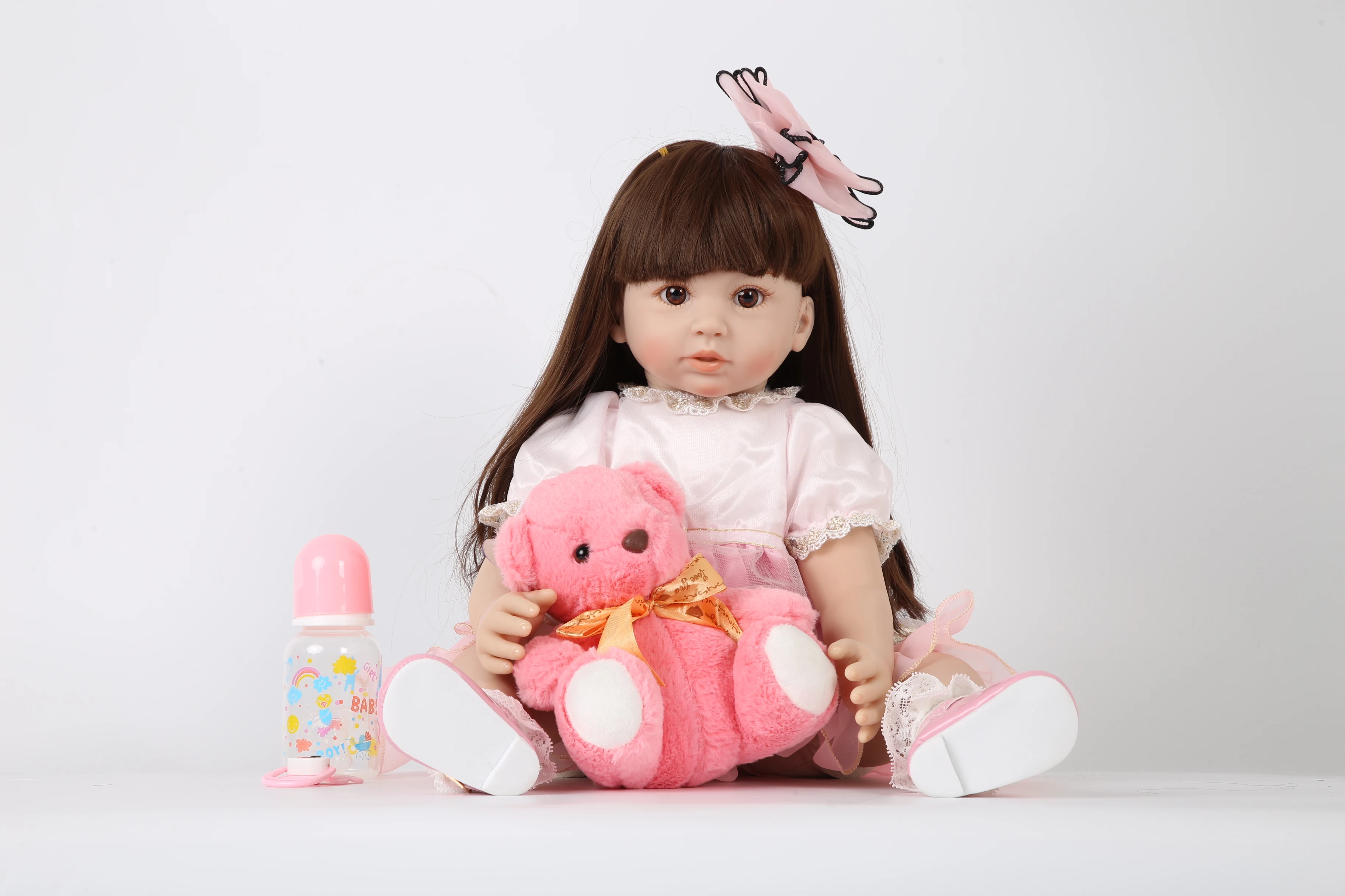 Кукла 60 см Мягкий силикон Bebe Reborn розовое платье принцессы бант головной убор