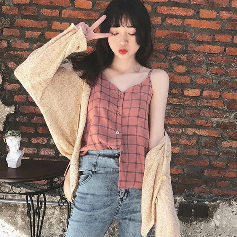 Женские топы на бретельках с клетчатым принтом шифоновый жилет пуговицах v