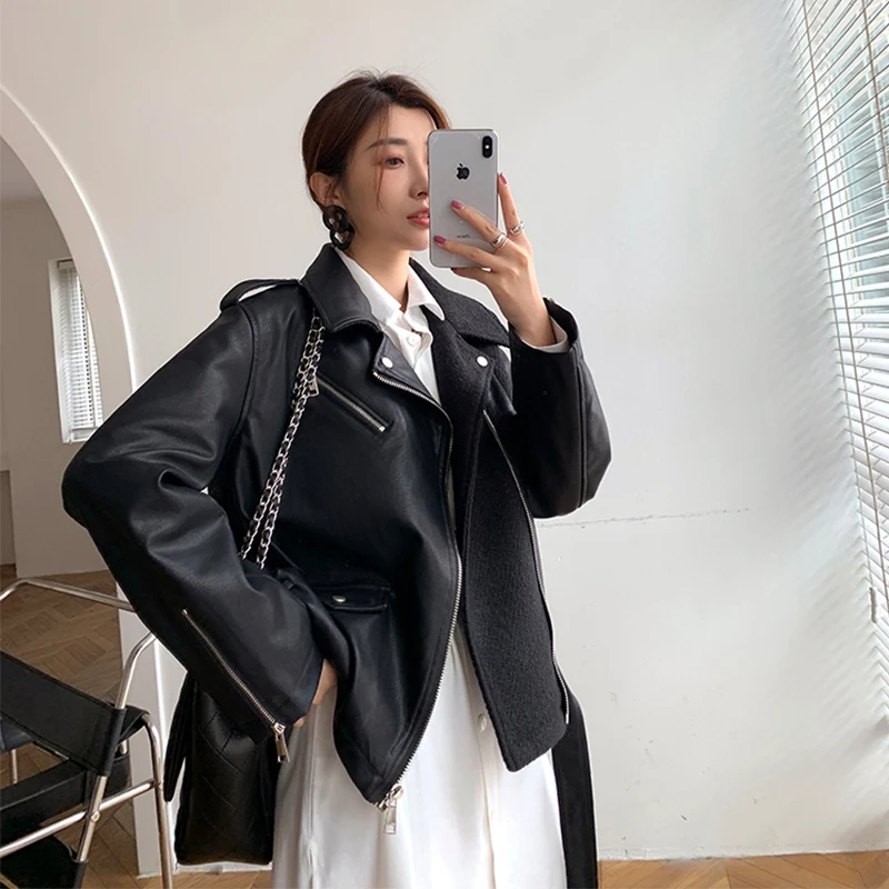 

Fashion Faux LeatherMotorcycle Jacket Women Vintage Casual Pu Woolen Patchwork Black White Jackets Punk Ladies Outerwear