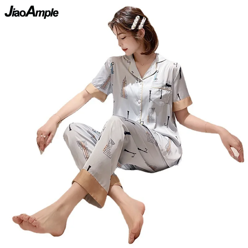 Luxurious Ice Silk Pajamas Women Summer Lapel Thin Cartoon Short-Sleeved Trousers Pijamas 2022 New Printing Sleepwear Homewear
