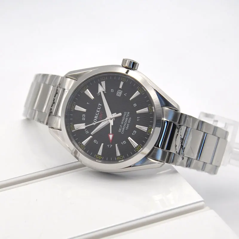 Corgeut 41 мм черный циферблат GMT мужские часы автоматический механический