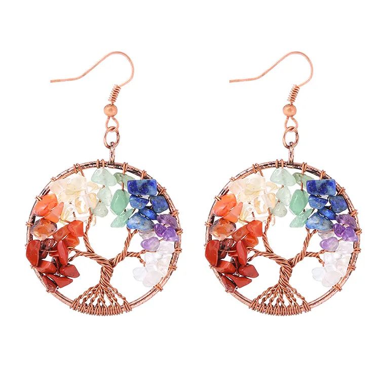 

Rings Lady's Round Tree of Life Earrings Crystal Gravel Colorful Tree Root Tree of Life Wish Tree Earrings Therapy Jewelry