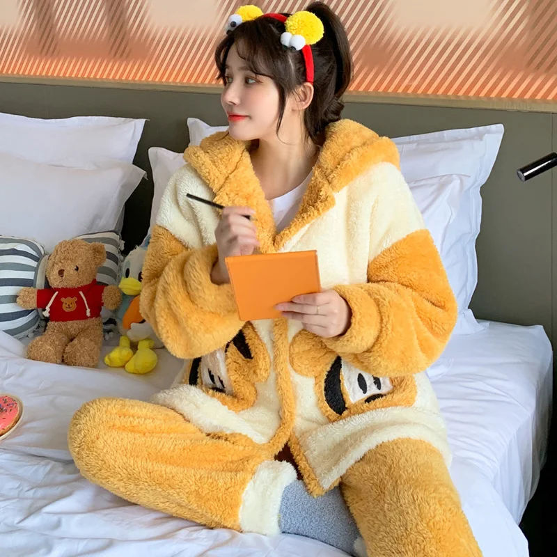 Plush Women Sleepwear Winter Pajamas Hooded Loose Version Pajama Set Inspissate Nightgown High Quality Packed Thicken женский