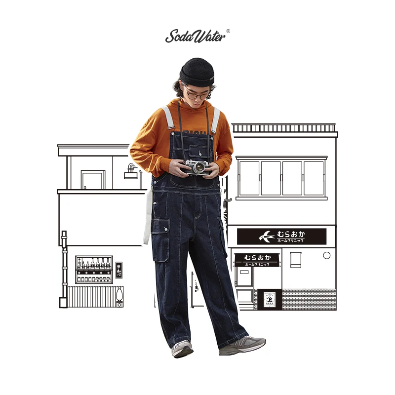 SODAWATER мужские комбинезоны джинсы для мужчин осень 2019 японский стиль темно синие