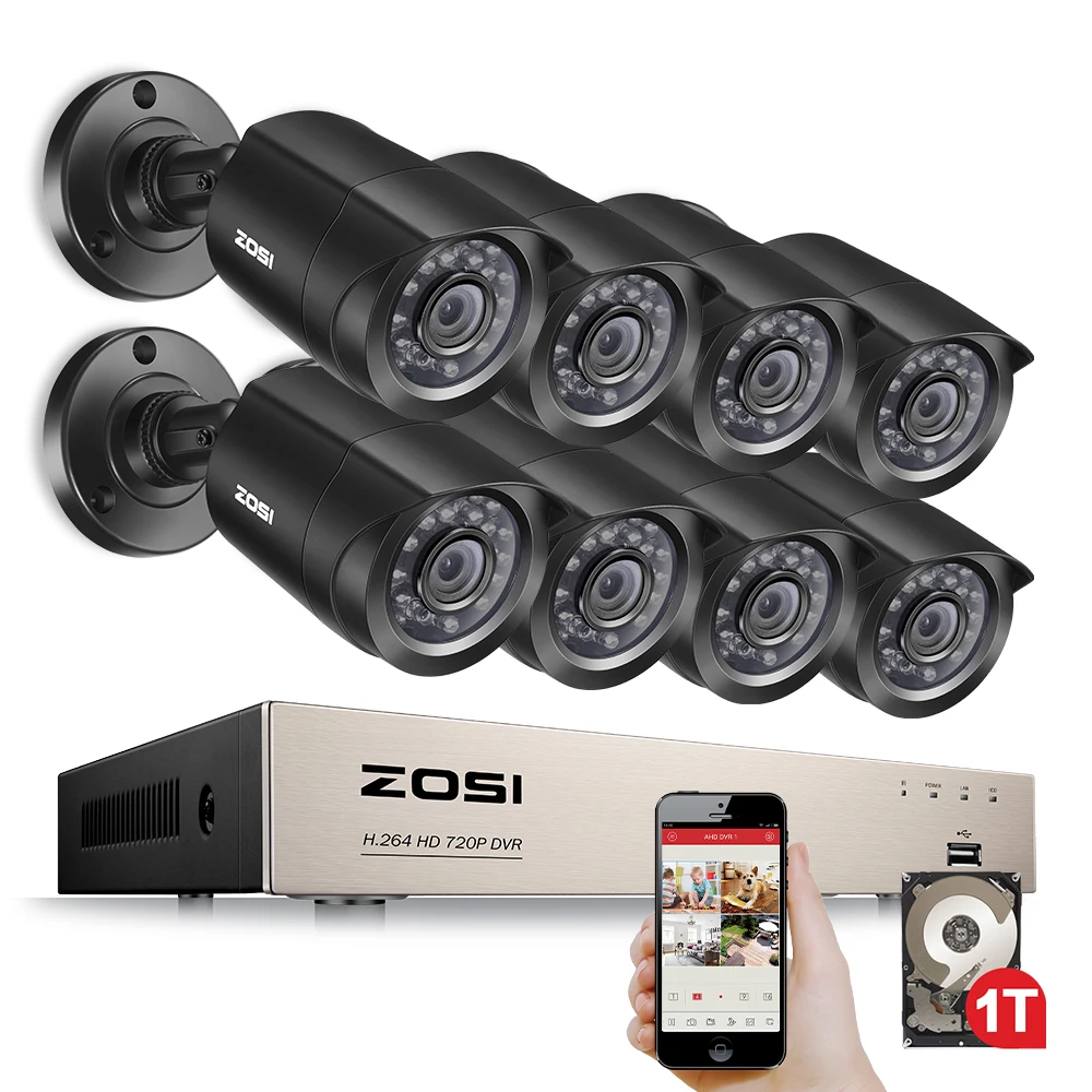 ZOSI 8CH видеонаблюдение Системы 8x720 P/1080 P внутренний наружный IR всепогодные камеры для домашней системы безопасности HD комплект видеорегистратора скрытого наблюдения 1 ТБ HDD