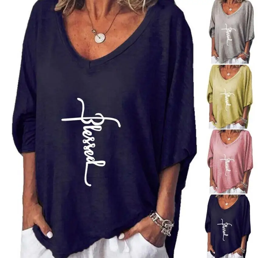 

V-Neck T-Shirt Women t Shirt Ladies Top Casual Solid t Shirt Female Printed Pullover Loose t Shirt Tops Women Spring