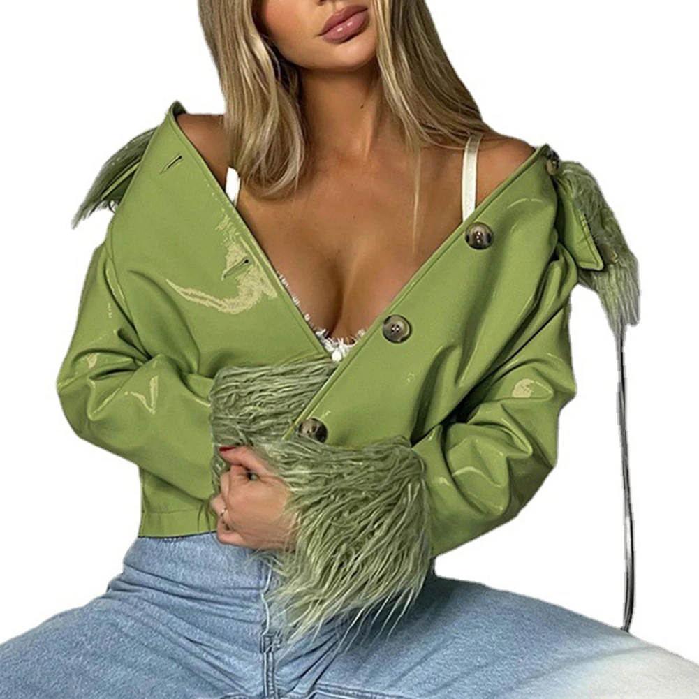 

Stylish Jacket Single-breasted PU Leather Jacket Women Turn Down Faux Fur Autumn Winter Long Sleeve Fashion Cropped Coat