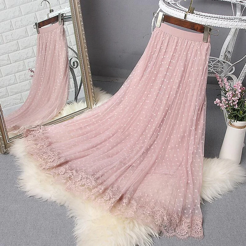 

2021 Spring Elegant Lace Patchwork Mesh Midi Skirts Women Elastic waist Polka Dot print Pleated Skirt A Line Long Tulle Skirt