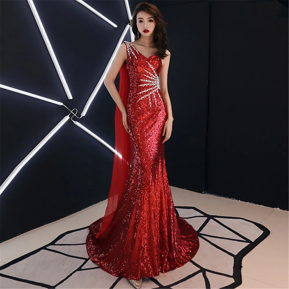 

One Shoulder Mermaid Chinese Sexy Oriental Party Female Cheongsam Stage Show Qipao Dress Elegant Celebrity Banquet Dresses