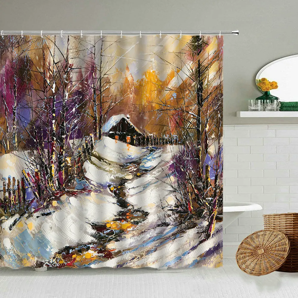 

Winter Oil Painting Scenery Shower Curtain Trees Wooden House Lake Country Snow Scene Bathroom Decor With Hook Waterproof Screen