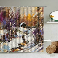 winter oil painting scenery shower curtain trees wooden house lake country snow scene bathroom decor with hook waterproof screen
