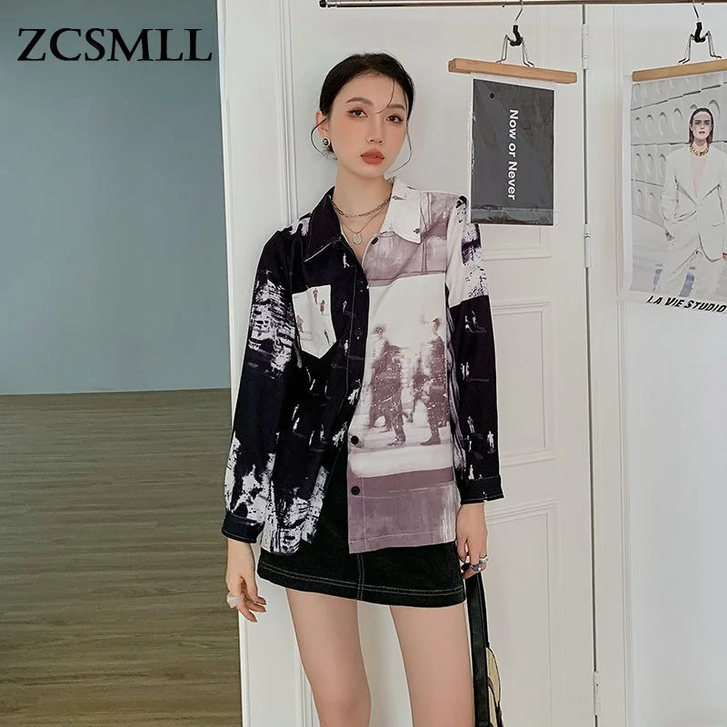 

ZCSMLL Vintage Color Block Button Up Shirt 2021 Trend Fashion Women Long Sleeve Designer Top Baggy Shirt Blouse Autumn Clothes