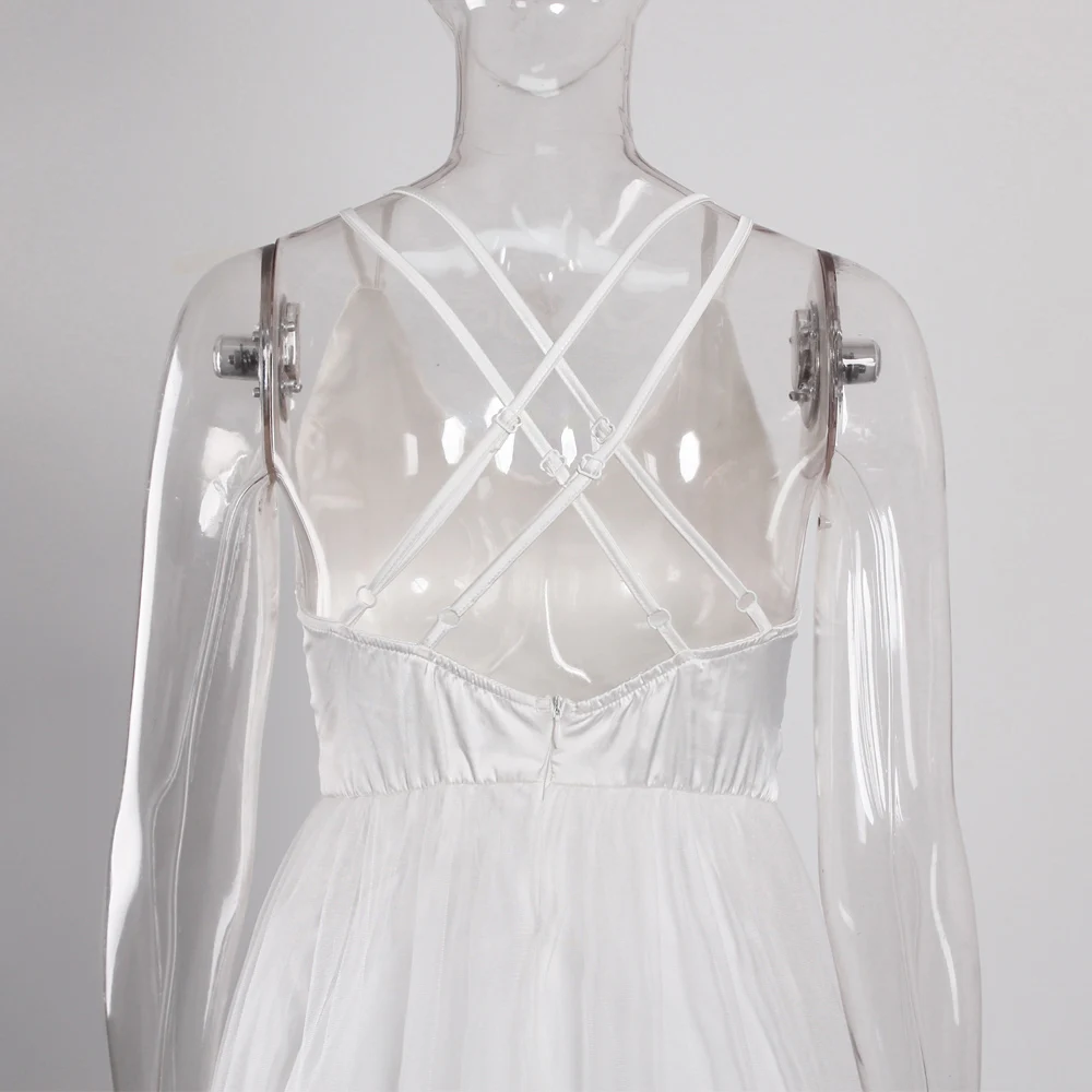 

Sexy Satin Patchwork Chiffon Split Spaghetti Strap Backless Zipper Evening Party Maxi Dress Elegant White