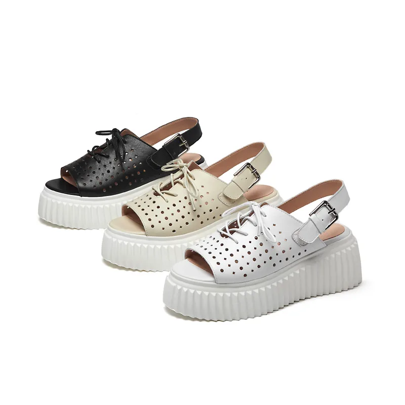 

Asumer 2021 Hot Sale White Flat Platform Sandals Women Genuine Leather Casual Shoes Hollow Out Buckle Fashion Sandals Ladies