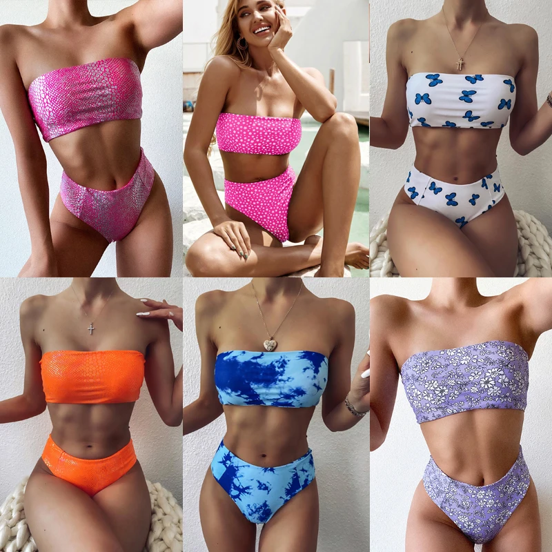 

Бикини с принтом, бразильский купальник, Женский комплект бикини без бретелек, сексуальный купальник с открытыми плечами, купальник с высок...