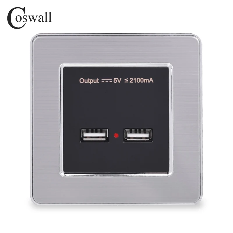Black COSWALL настенная розетка с двумя usb-портами для зарядки для мобильных телефонов 5 в 2,1 А, светодиодный индикатор, панель из нержавеющей стали - Тип: Black
