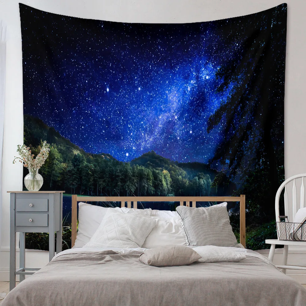 

Psychedelic Starry Sky Wall Tapestry Wall Hanging Forest Lake Mountains Wall Blanket Fabric for Home Dorm Decoration Camping Mat