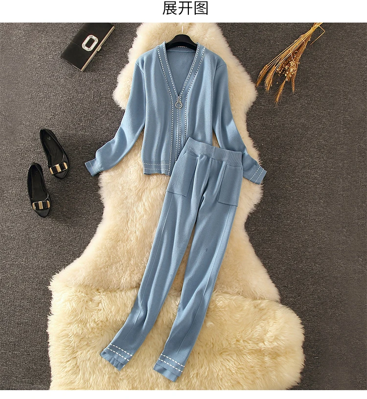 

Amolapha Women Zip Sweaters+Pants Sets V Neck Long Sleeve Woman Knit Jackets Coats Trousers Suits