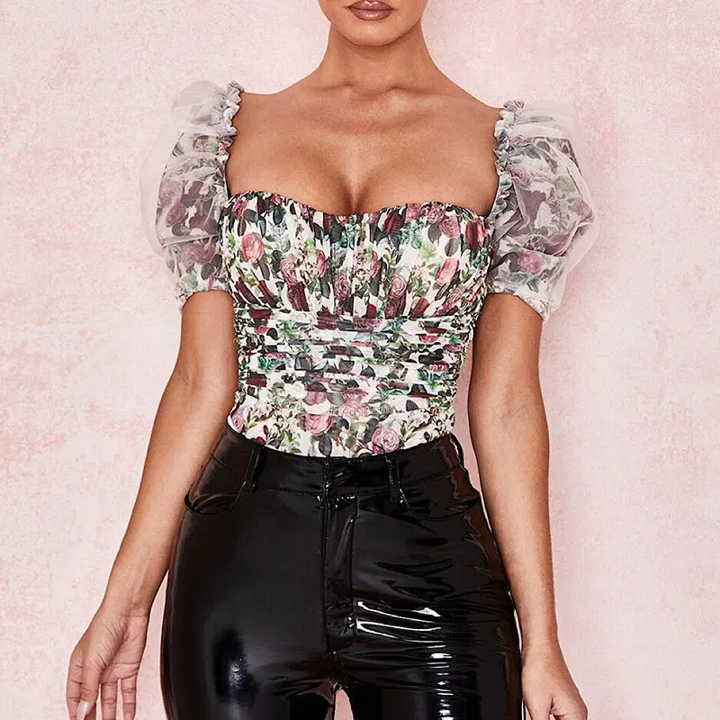 

Квадратный воротник сетки плиссированные пэчворк пикантные Цветочный принт боди для женщин оборками комбинезон Клубные женские вечерние ...