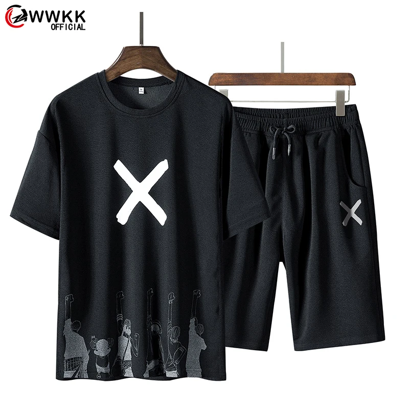 Костюм мужской летний из футболки и шортов Модный комплект для фитнеса с