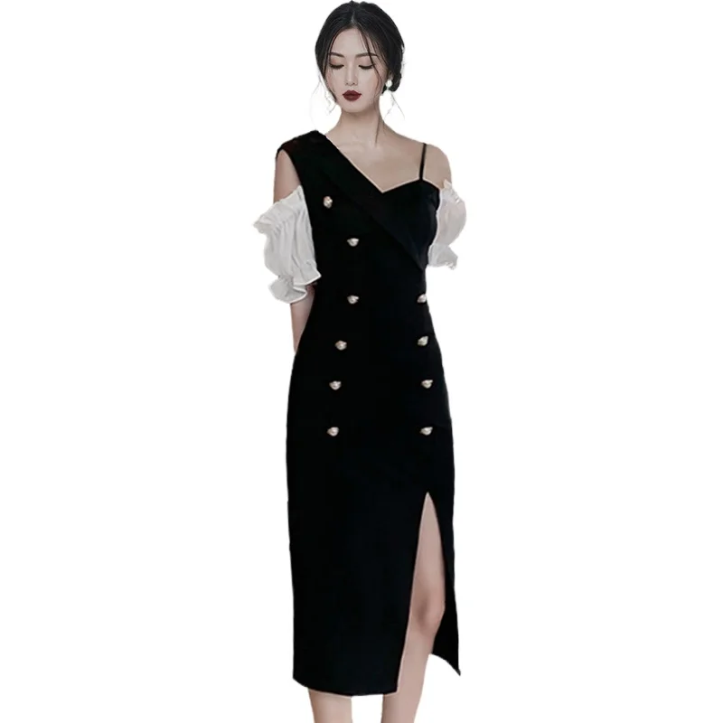 

Spring Summer Dress Women One Shoulder Strapless Hem Split Package Hip Buttons High Waist Sexy Boddycon Dresses T971