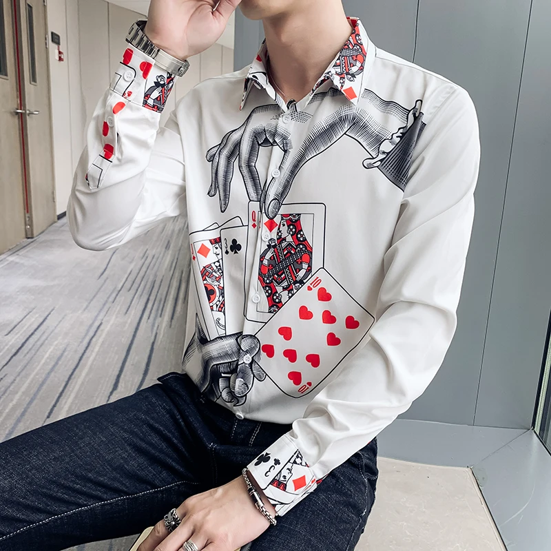 Дизайнерская мужская рубашка с принтом в виде покера Camisa Masculina Повседневная