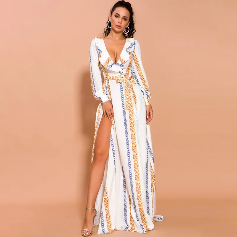 2020 New Fashion Long Sleeve Dress V Neck Ruffles Print Semi Formal Gowns with Sexy Slit Elegant Sash