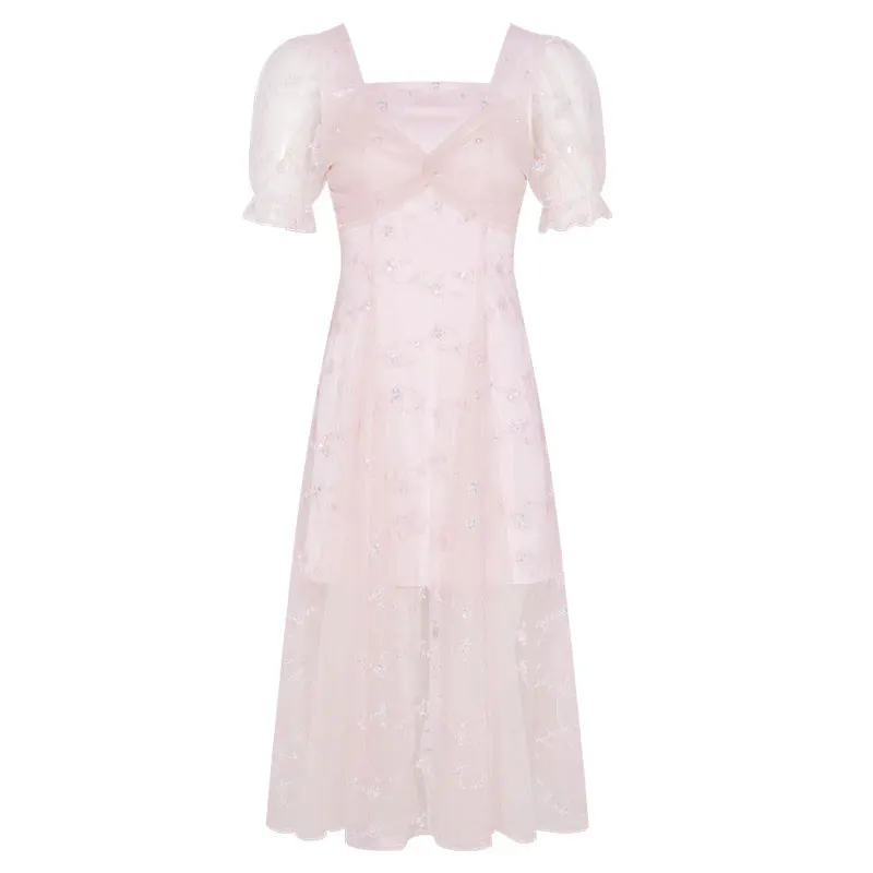 

Вечернее розовое Сетчатое платье миди с квадратным вырезом и рукавами-фонариками