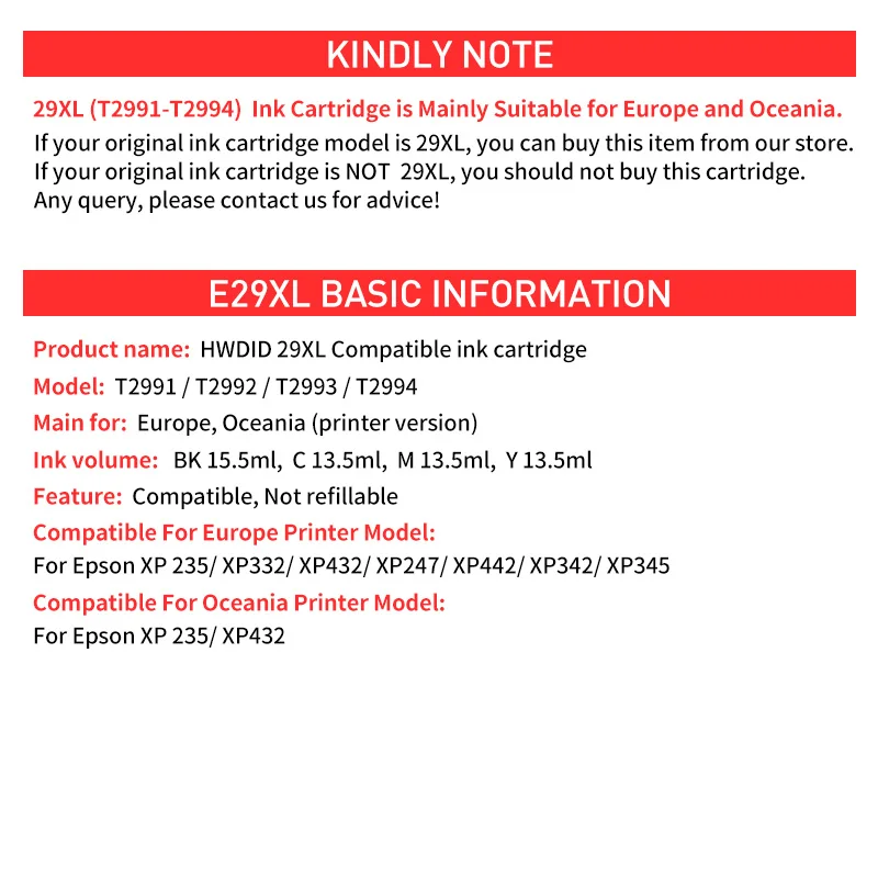 HWDID T2991 29 29xl чернильный картридж совместимый для Epson 29XL XP 235 332 432 247 442 342 345 |