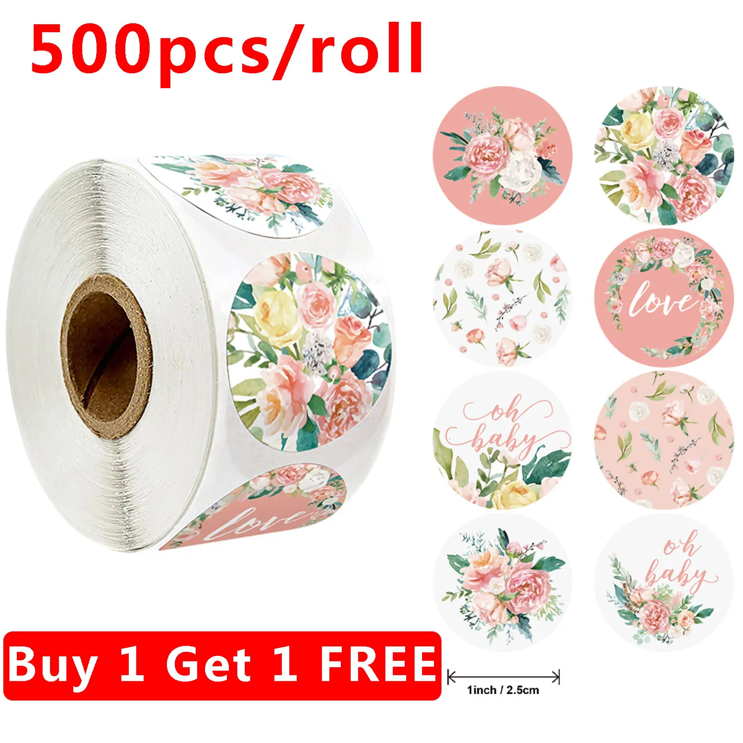 

500PCS Round Labels Pink Flowers Handmade Packaging Sticker for Candy Dragee Bag Gift Box Packing Bag Wedding Thanks Stickers