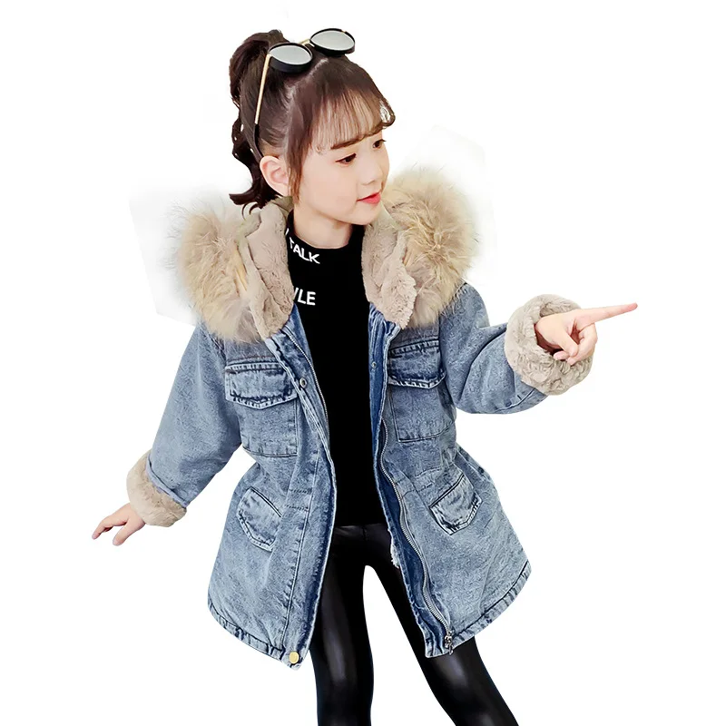 

2021 spring Kids girl cloth Jeans Denim Jacket Winter Plus velvet Cashmere Thicken Coat Child teenager 5 6 7 8 9 10 11 12 year