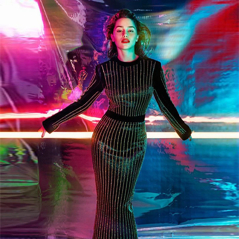 

Deer Lady Vestidos Long Sleeve Bodycon Dress 2019 New Winter Rhinestone Embellished Midi Bodycon Dresses Woman Party Night Sexy