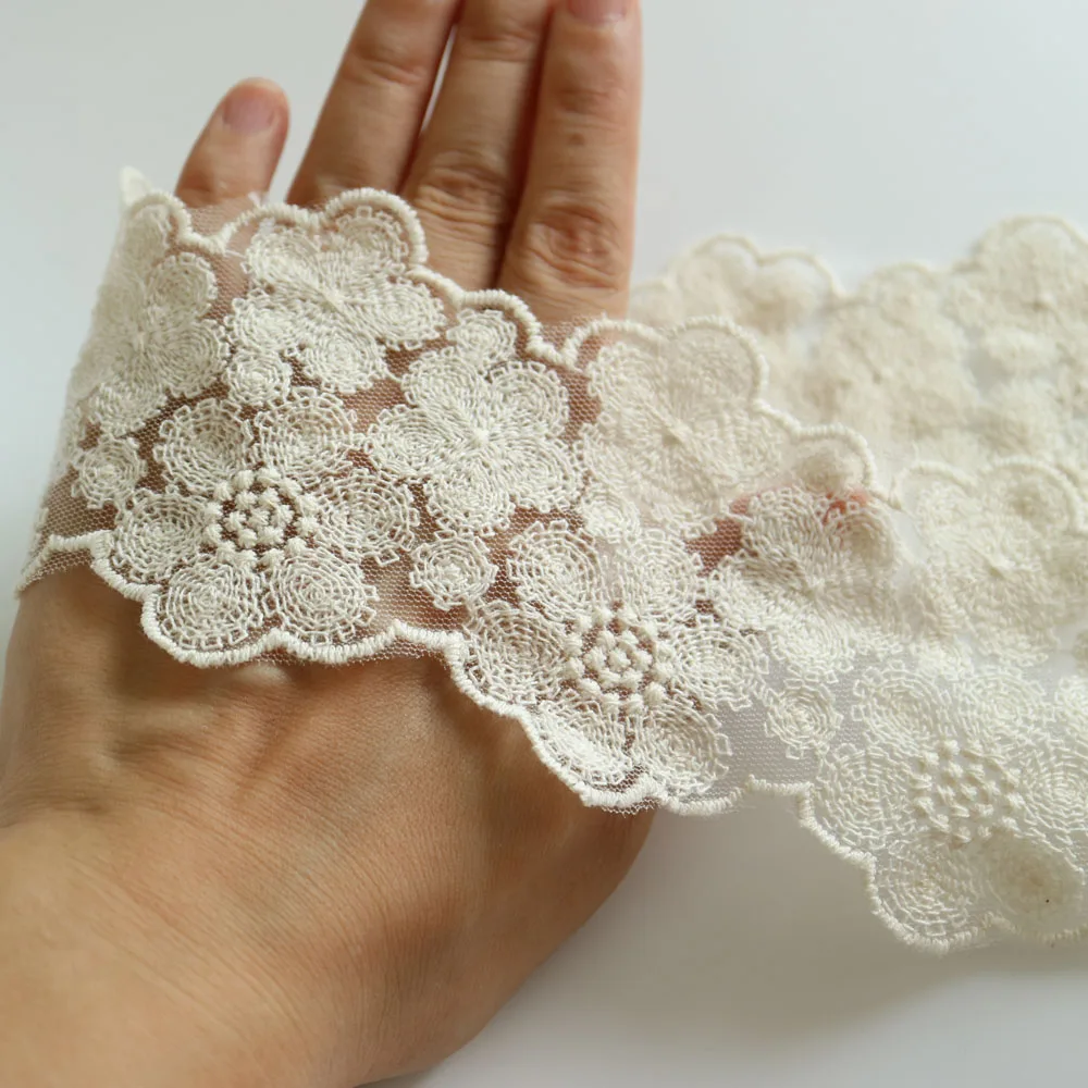 

2yards Big flower embroidered lace trim appliques 6.8cm width white cotton lace trimming ribbon DIY clothes accessories