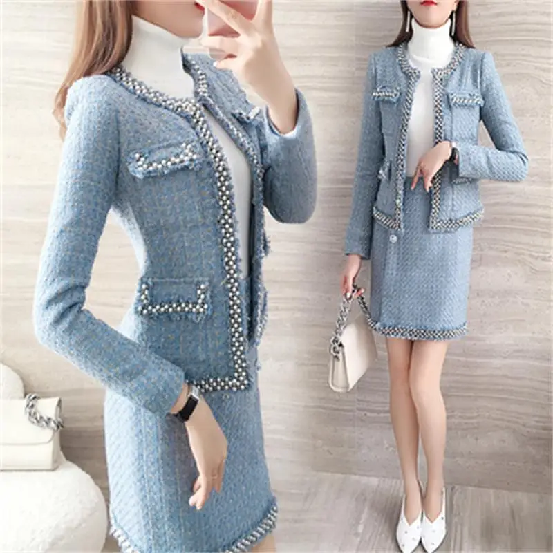 

Fashion Woolen Plaid suit women spring New High-end temperament casual woolen coat + skirt two-piece suit women