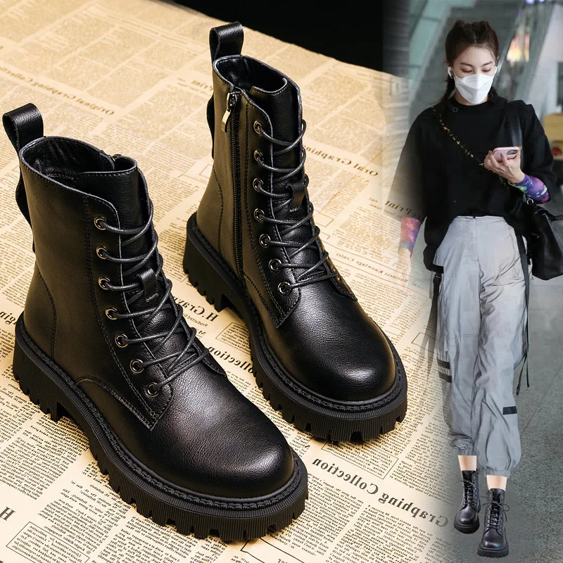 

boots women's British style 2020 new leather thick soled locomotive boots spring and autumn single boots net