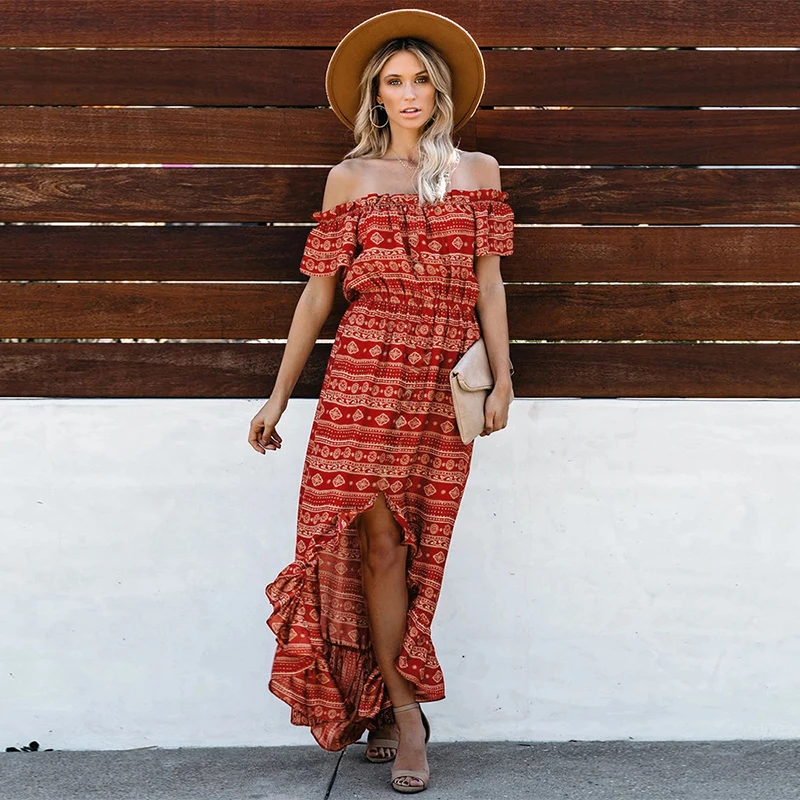 

UIDEAZONE Boho Print Women Dress Slash Neck Split Bohemian Ladies Maxi Dresses Ruffle Patchwork Swing 2020 Streetwear Beachwear