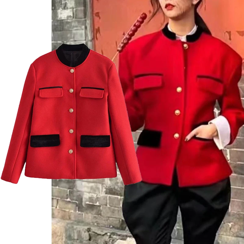 

Женское шерстяное пальто ZA, однобортное пальто с О-образным вырезом и длинными рукавами, с карманами, модная уличная верхняя одежда, новинка...