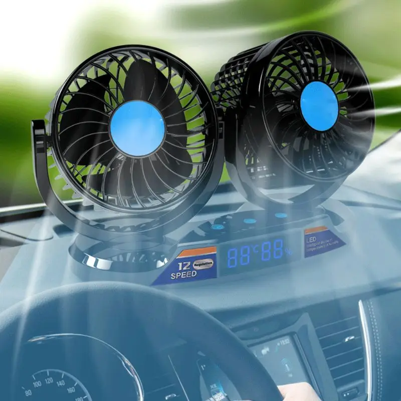 

12 Speeds and 360 Rotatable Dual Head Car Fan 12V Vehicle Fan 5inch Cooling Fan with Temperature Humidity LED Display