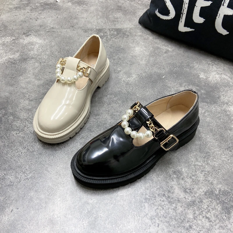 

Spring and Autumn Women's 2021 New British Style Leather Small Leather Shoes One-word Buckle Mary Jane Single Shoes Thick Heel.