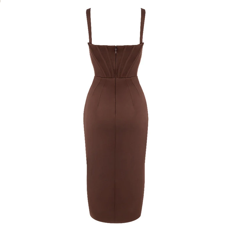 

Sexy Deep V-neck Sling Dress Brown Silk Smooth Waist Pleated Asymmetrical Slit Evening Dress Nightclub Bar Fashion Summer