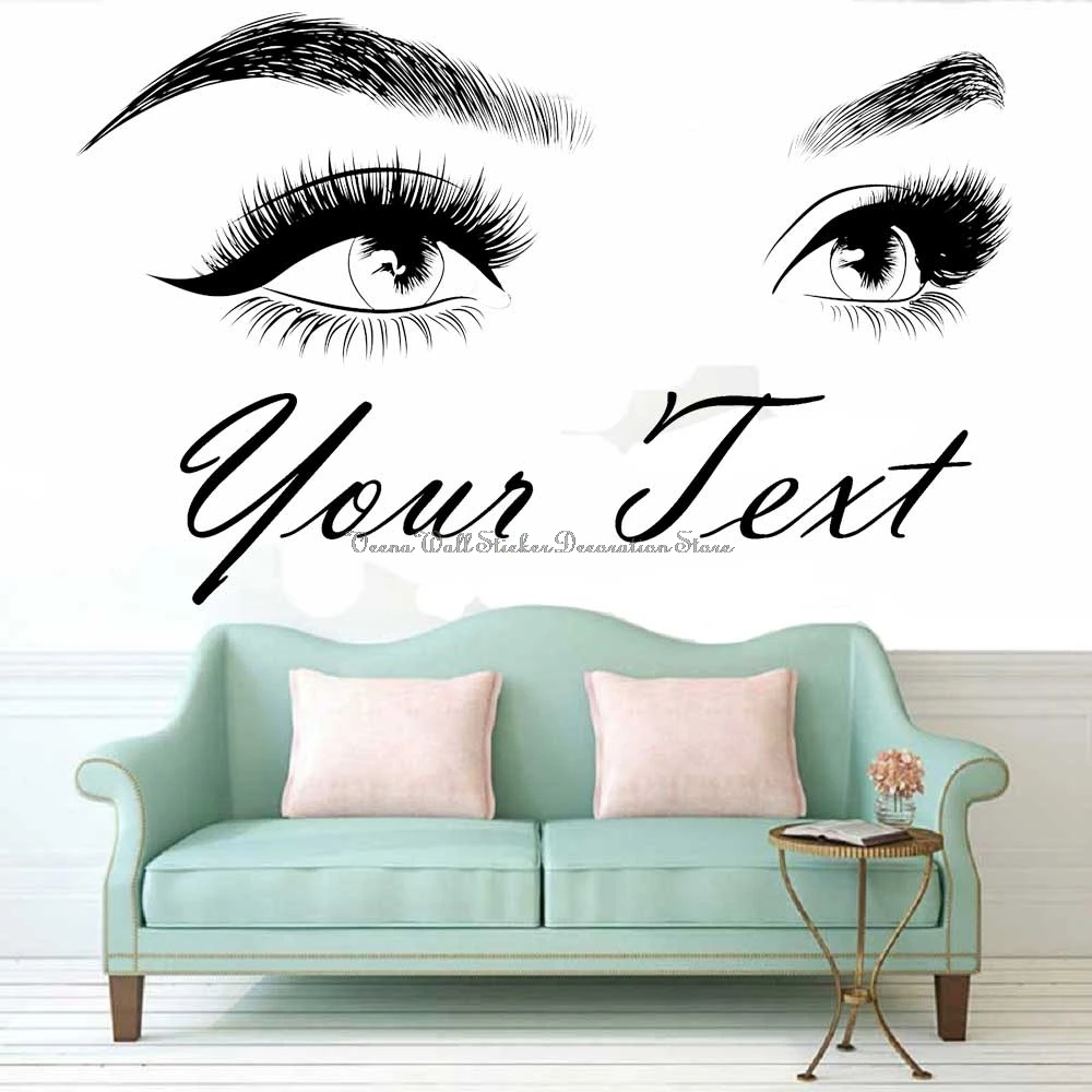 

Customize your text Eyelashes Eyes Vinyl Wall Sticker Eyebrow Makeup Eyeliner Salon Beauty Salon Front Desk Decoration Decal 2