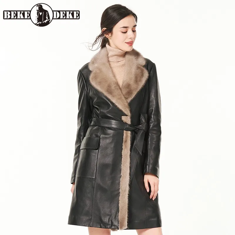 

Winter Women Luxury Long Overcoat Belted Real Mink Fur Collar Down Jacket Slim Fit Coat Ladies Sheepskin Genuine Leather Jacket
