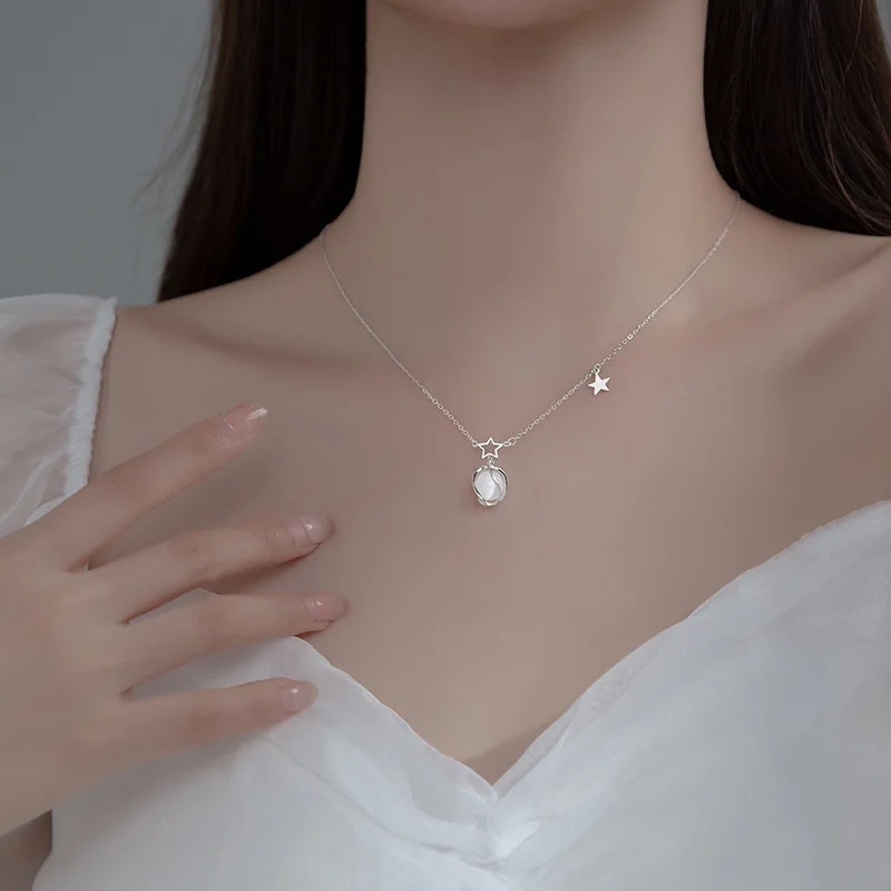 

Real 925 Sterling Silver Planet Star Artificial Opal Pendant Necklaces Dainty Rolo Chain Chokers Fine Jewelry for Women