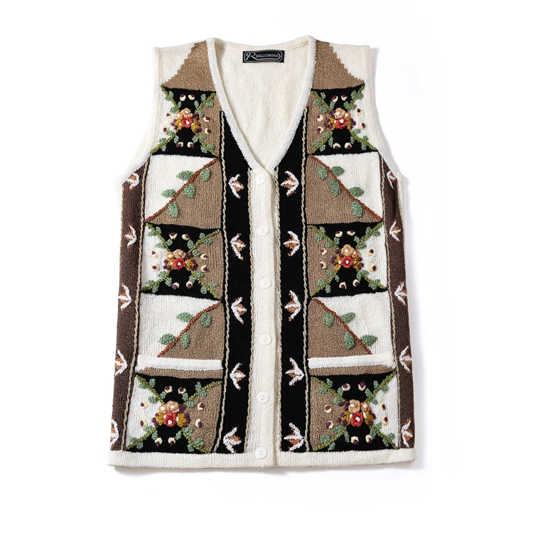 

LYNETTE'S CHINOISERIE Spring Autumn Women All-match Plus Size Loose Vintage Embroidery Knitted Vest Cardigan V-neck Sweaters