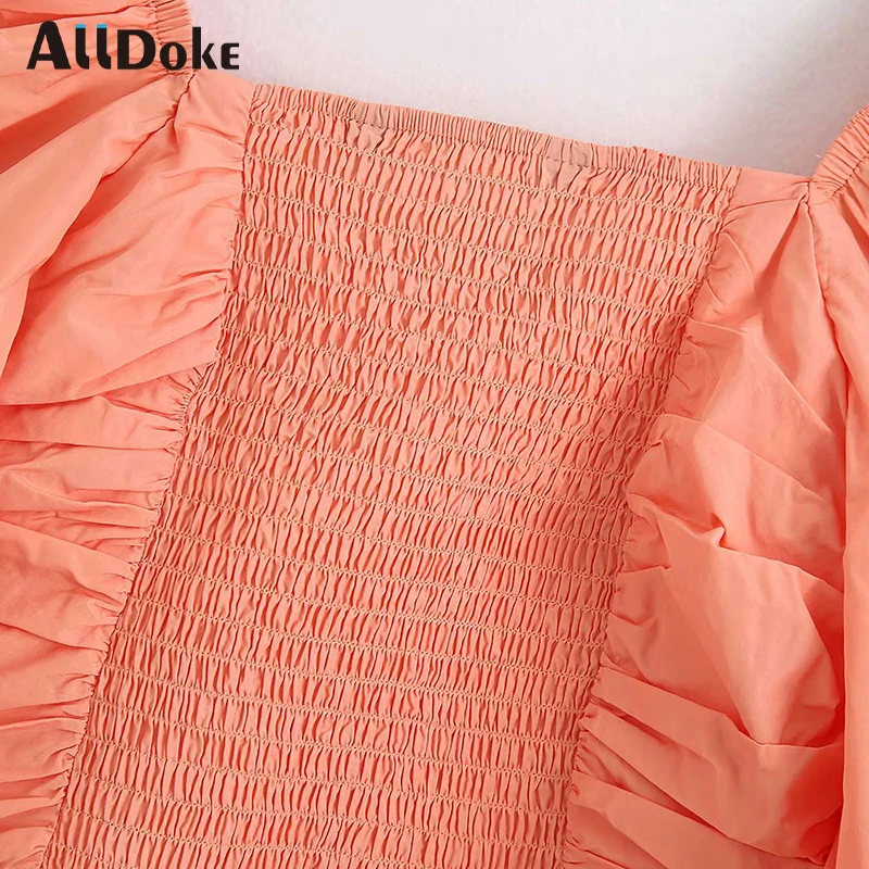 

ALLDOKE pink casual ruched women blouse summer square collar lantern sleeve crop tops shirt ladies ruffles blouses blusas mujer