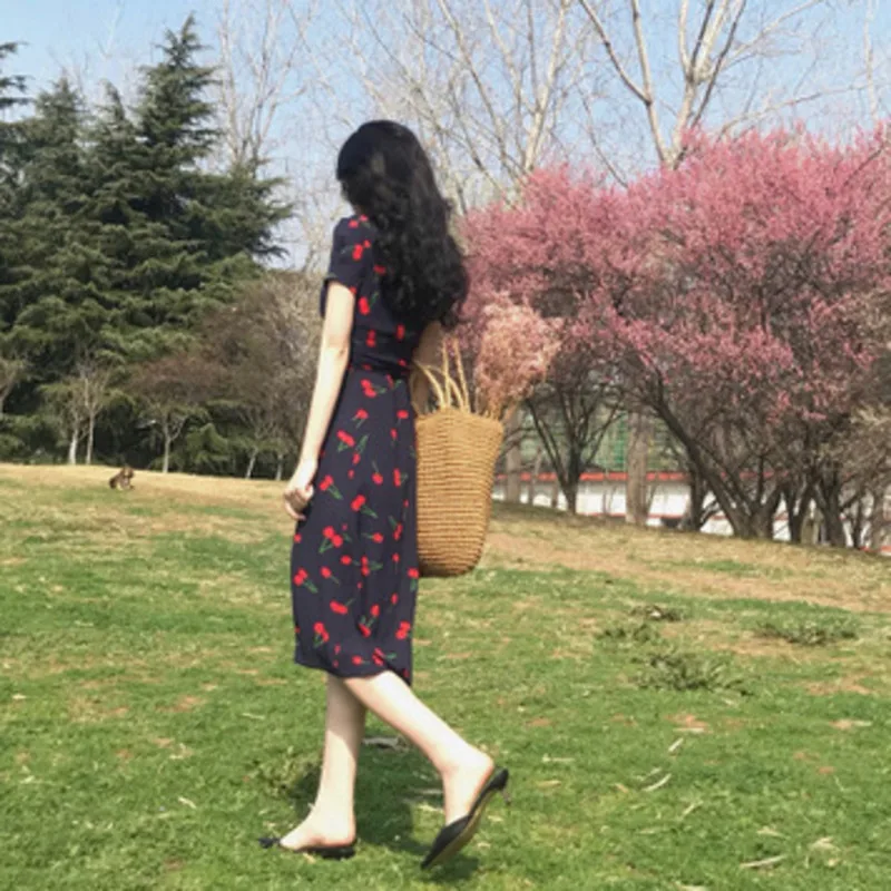 

Vintage Dress Women Cherry Dress Short Sleeve V-neck Midi Vestido Female Chiffon Women Sexy Bodycon Floral Elegant Party Dress