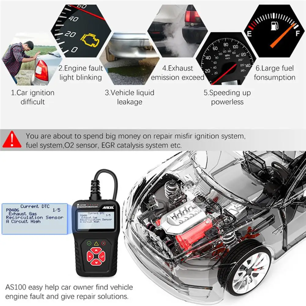 Инструмент для диагностики автомобиля Ancel AS100 Obd2 ELM327 сканер неисправностей