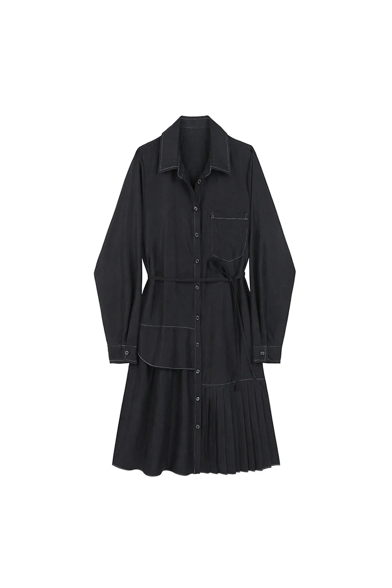 

2021 New Design College Style Turn Down Collar Shirt A Line Mid Calf Casual Solid Pleated Dresses for Women U094